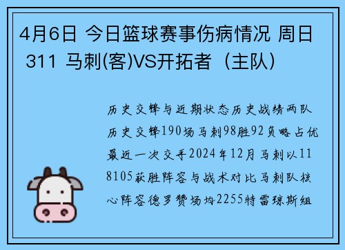 4月6日 今日篮球赛事伤病情况 周日 311 马刺(客)VS开拓者（主队）