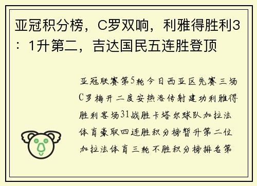 亚冠积分榜，C罗双响，利雅得胜利3：1升第二，吉达国民五连胜登顶