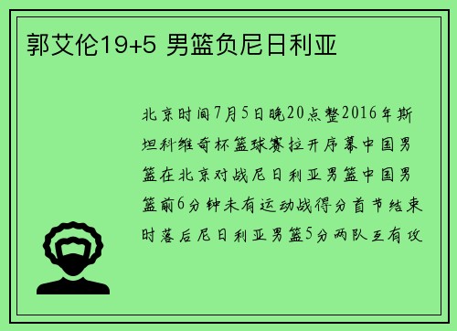 郭艾伦19+5 男篮负尼日利亚